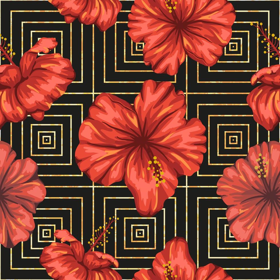 Vector seamless geometric pattern with bright red hibiscus flowers on black background with golden texture. Repeat tropical backdrop. Trendy exotic jungle wallpaper.