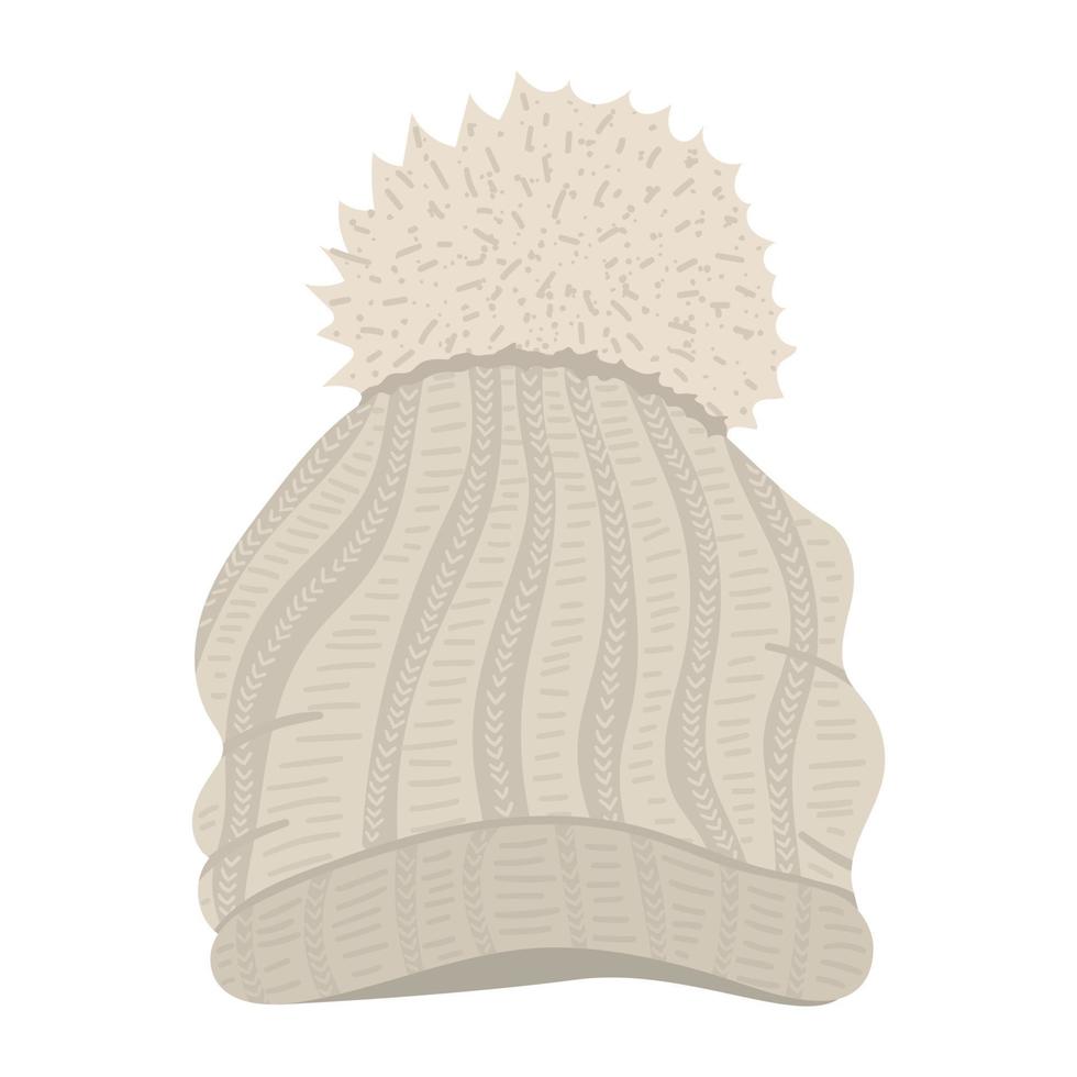 Ilustración de ropa de invierno. Sombrero de punto de vector beige con bobble para clima frío aislado sobre fondo blanco. imagen plana de prenda de vestir para la cabeza.