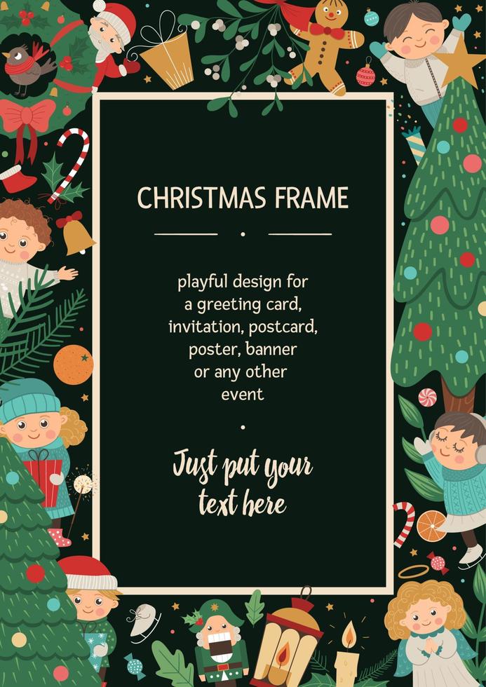 Vector Christmas vertical layout frame with children, Santa Claus, Angel on black background. Holiday themed banner or invitation. Cute funny New Year card template.