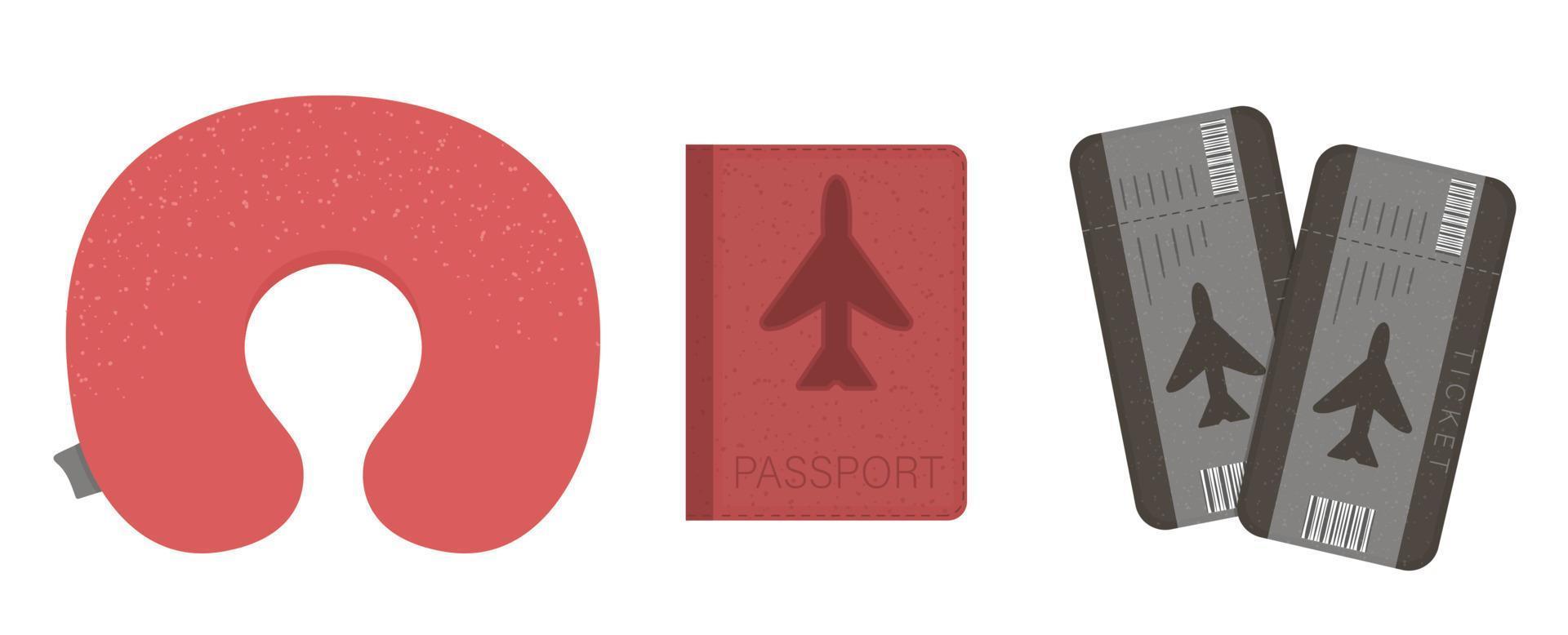 Vector flat illustration of plane cushion, passport, tickets. Flight traveler equipment icon. Travel object isolated on white background. Vacation infographic element.