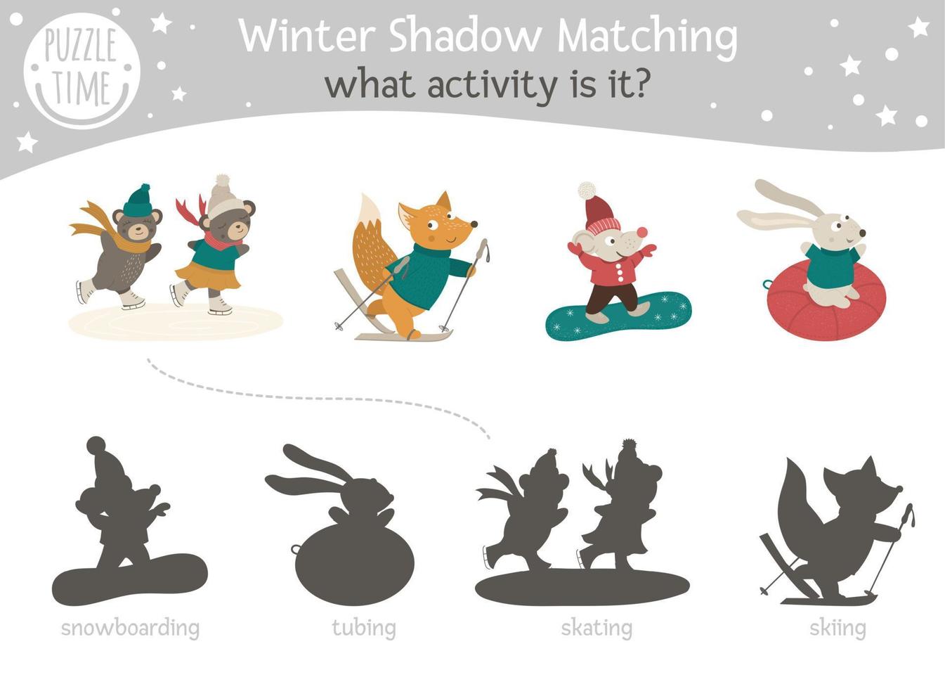 Shadow matching activity for children with animals going for winter sports. Cute funny smiling fox, bear, mouse, hare. Find the correct silhouette game. vector