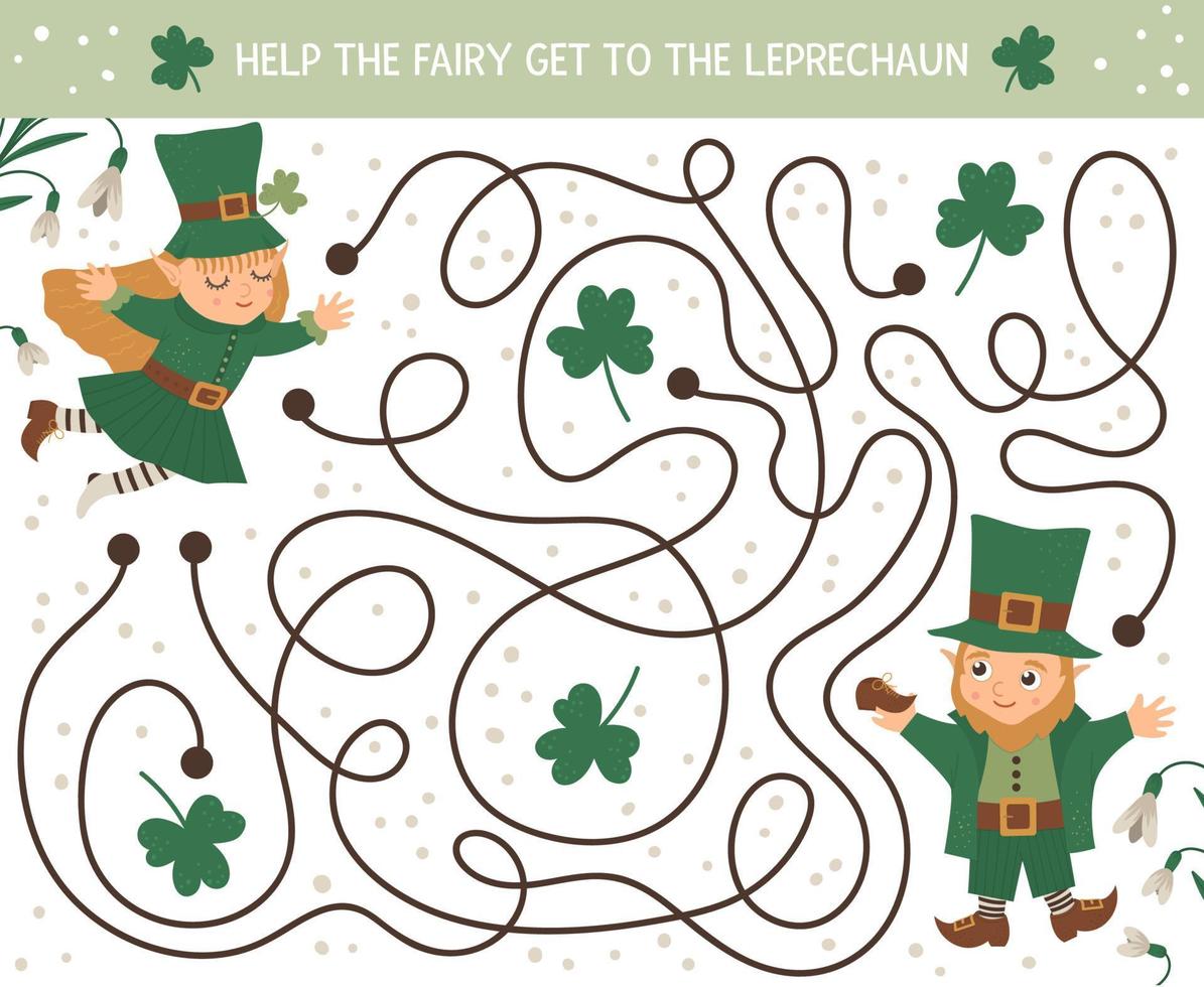 Saint Patrick Day maze for children. Preschool Irish holiday activity. Spring puzzle game with cute elf and fairy. Help the fairy get to the leprechaun. vector