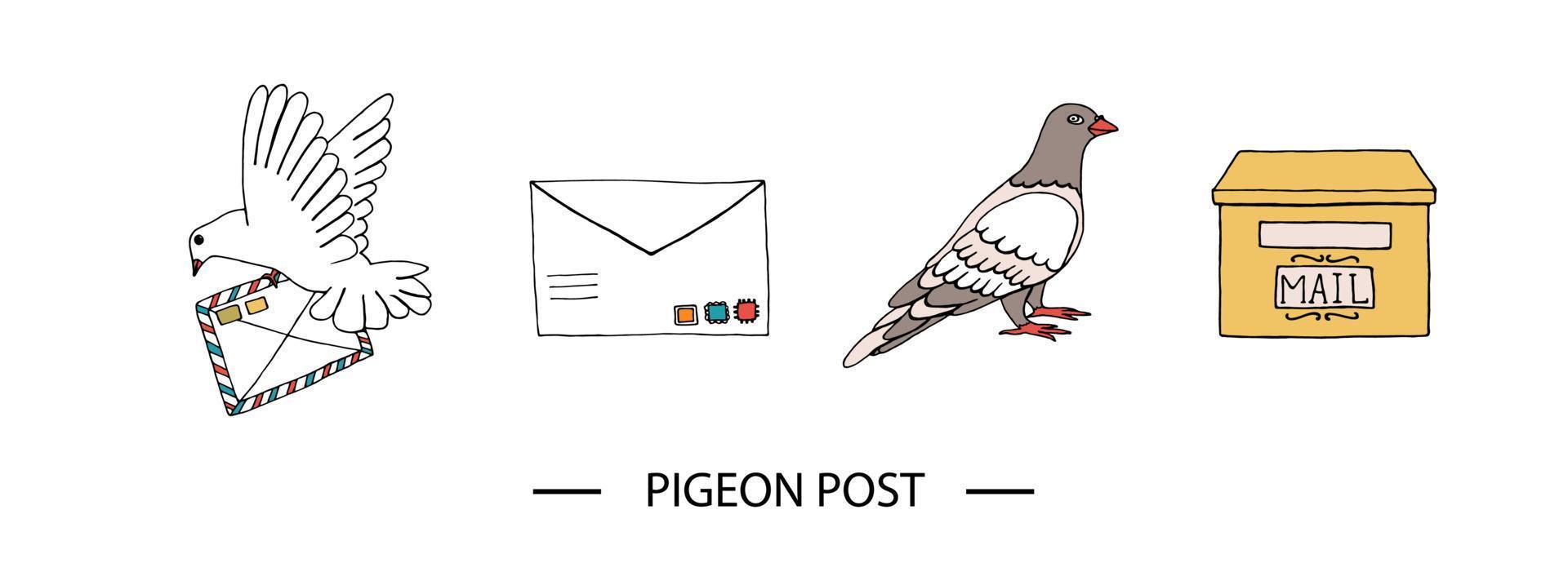 Vector illustration of pigeon carrying a letter with stamps, dove, post box. Hand drawn communication icon set. Pigeon post signs isolated on white background with text.