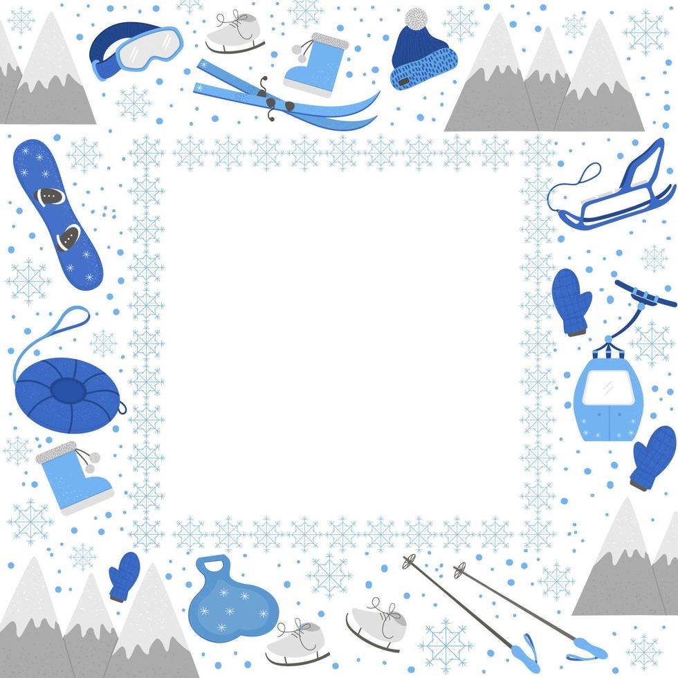 Vector square frame with objects for active winter. Cold season sport equipment card template. Flyer with items for spending holidays in mountains and snowflakes.