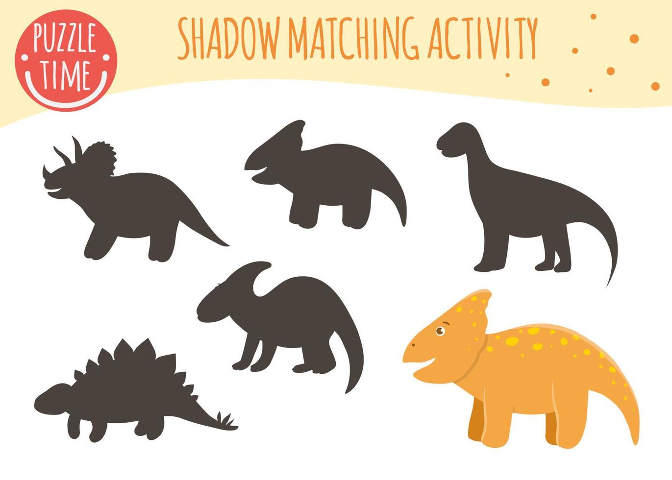 Shadow matching activity for children. Dinosaur topic. Cute funny smiling dinos. vector