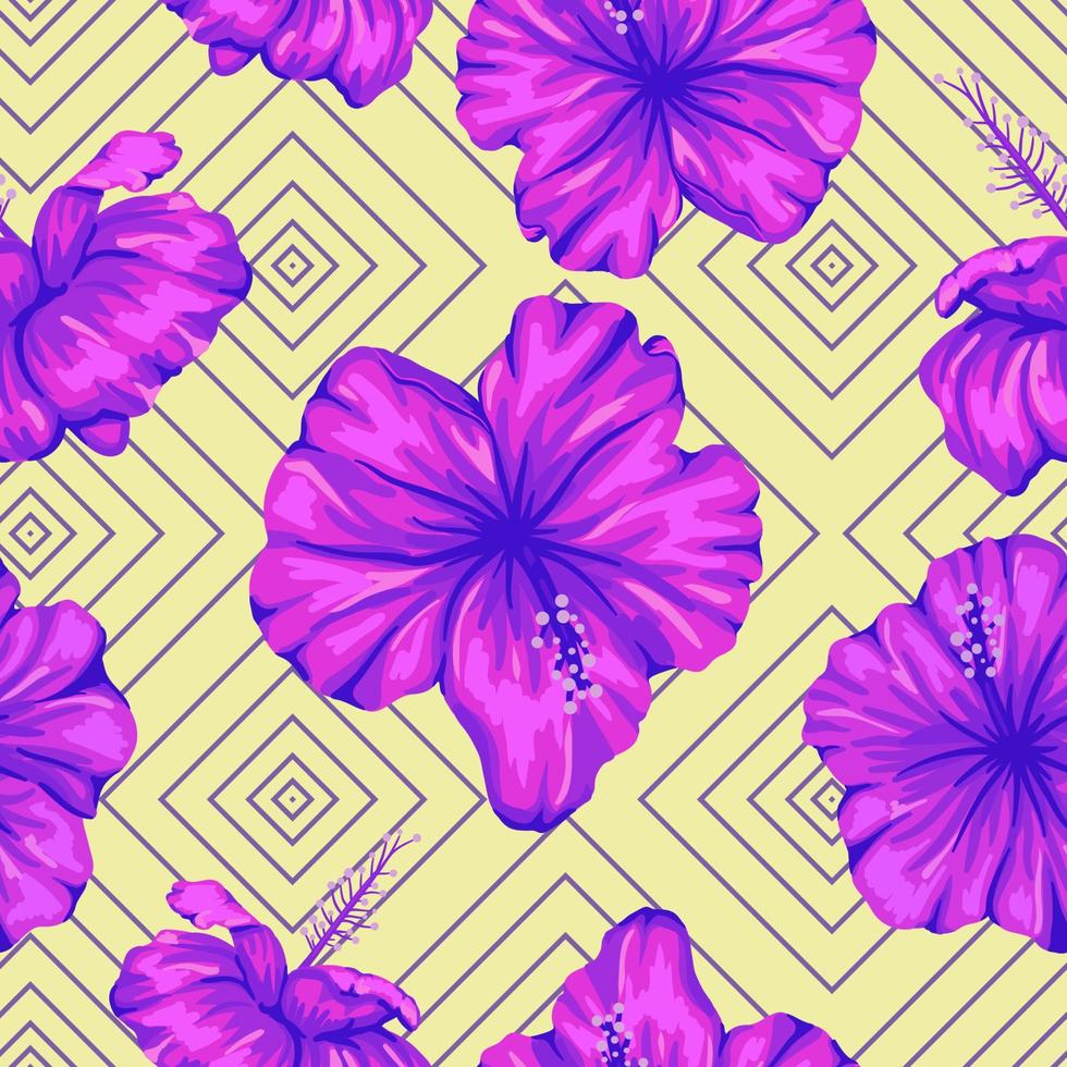 Vector seamless geometric pattern with bright purple hibiscus flowers on yellow background. Repeat tropical backdrop. Trendy exotic jungle wallpaper.