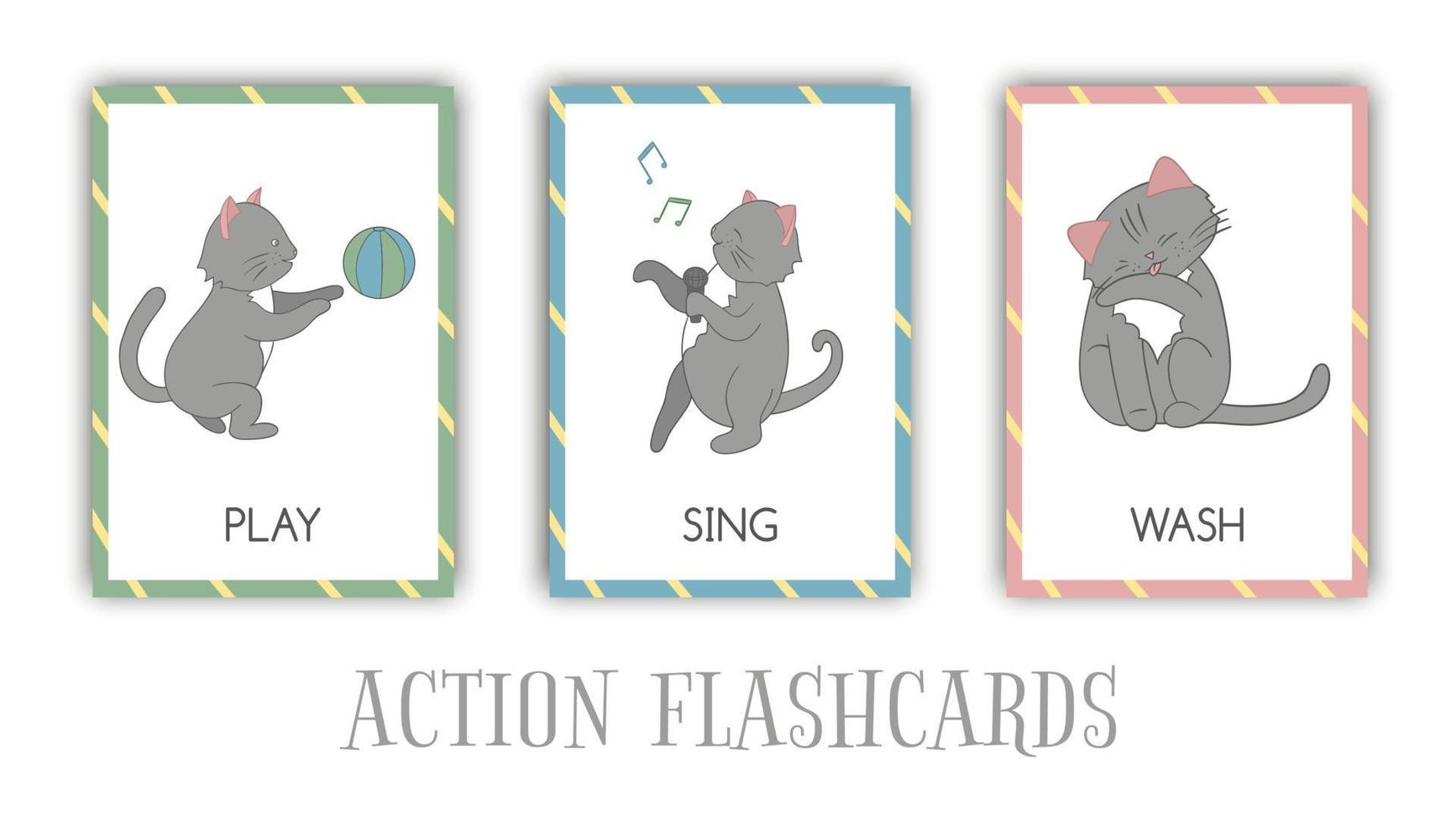 Vector set of actions flash cards with cat. Cute character playing, singing, washing. Cards for early learning.