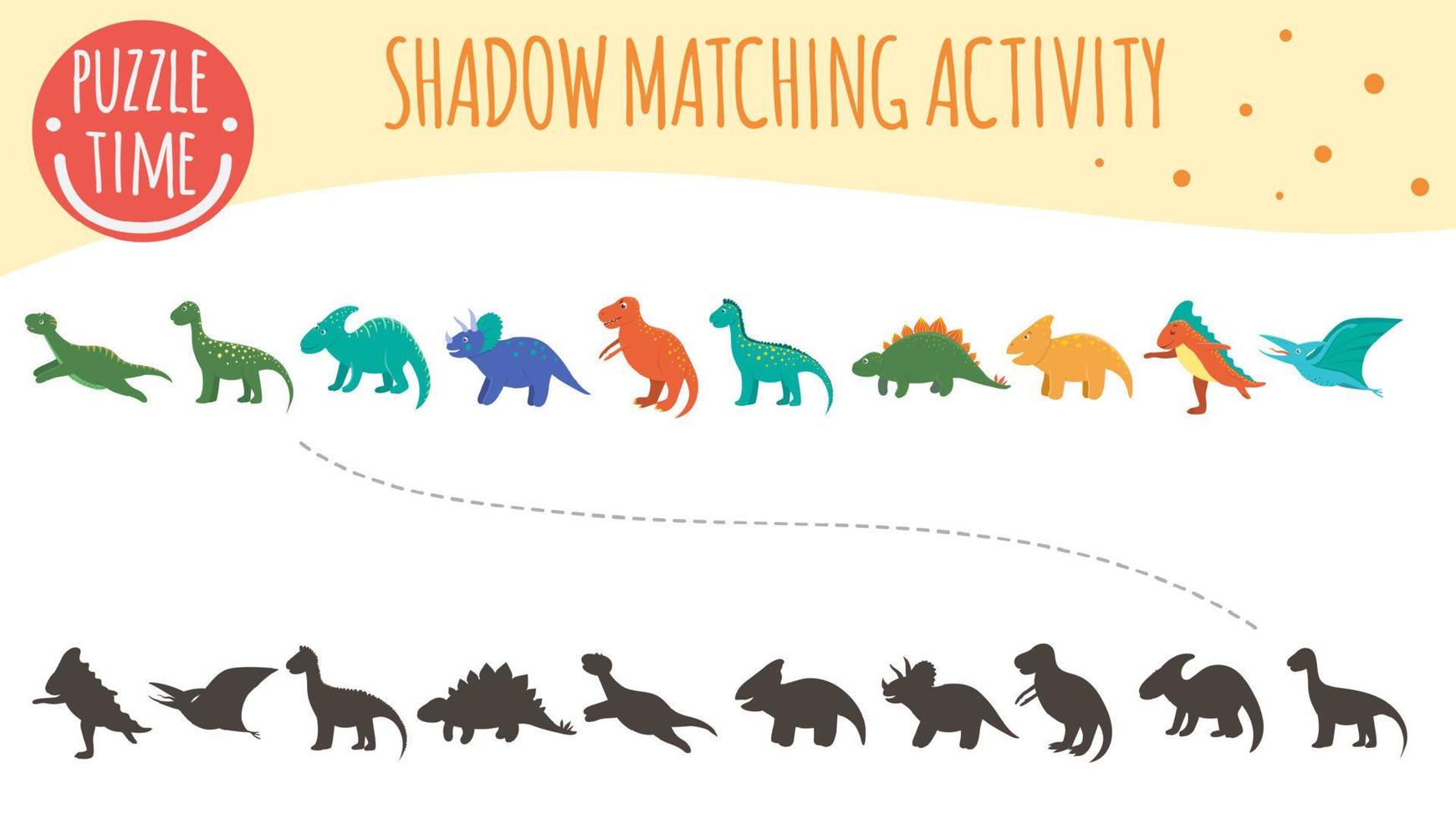 Shadow matching activity for children. Dinosaur topic. Cute funny smiling dinos. vector