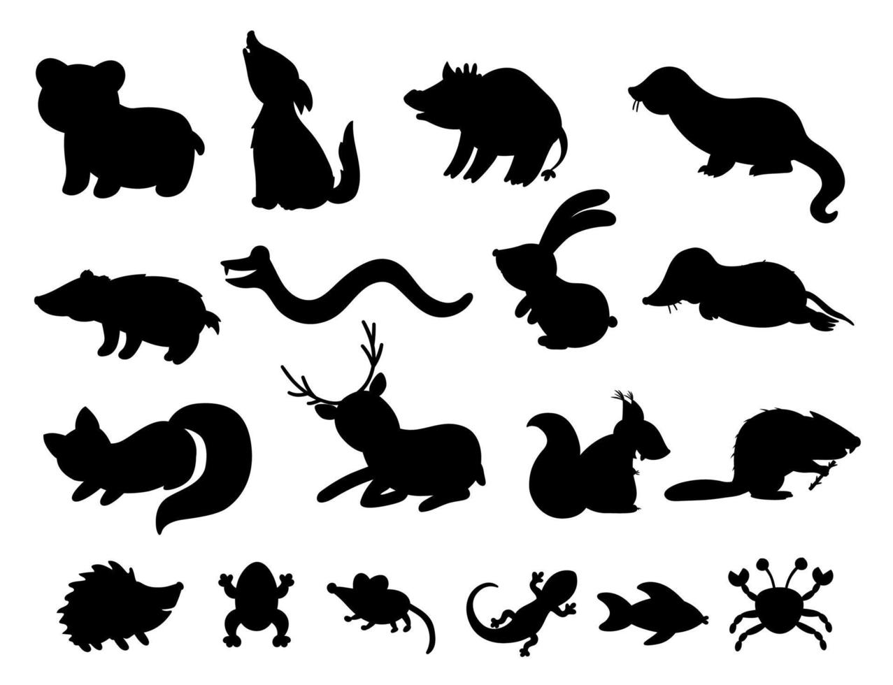 conjunto de siluetas de animales del bosque plano dibujado a mano de vector. divertida colección animal. linda ilustración de bosque en blanco y negro para diseño de niños, impresión, papelería vector