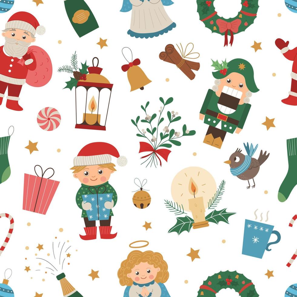 Vector seamless pattern of Christmas elements with Santa Claus, Angel, Nutcracker, Elf. Cute funny repeat background of new year symbols. Christmas flat style picture for decorations or design.