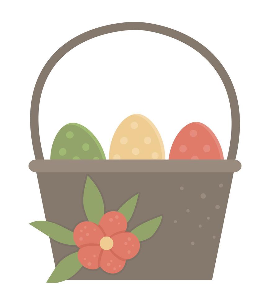 Vector illustration of basket with colored eggs and flower isolated on white background. Easter traditional symbol and design element. Cute spring icon picture