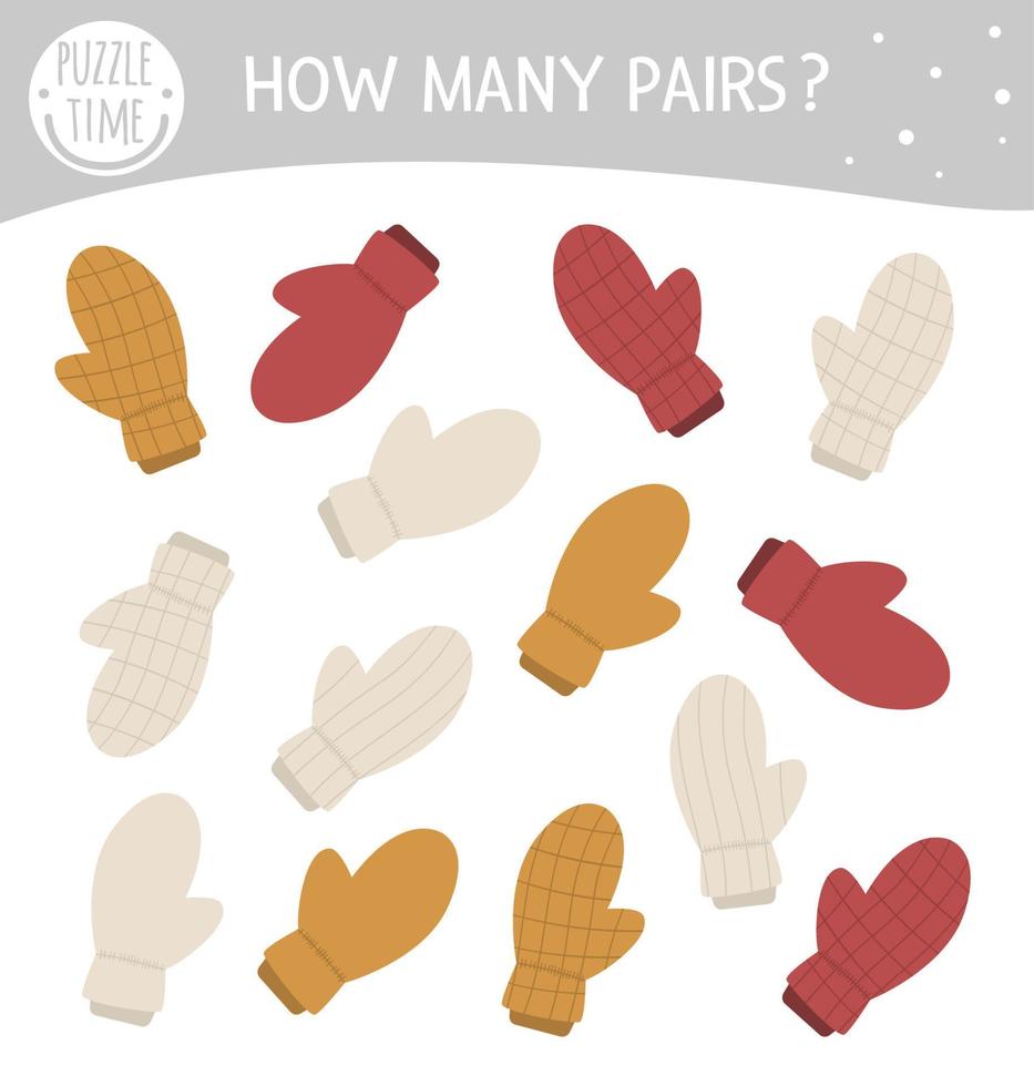 Find two same mittens. Winter matching activity for preschool children. Funny game for kids with clothes. Logical quiz worksheet. vector