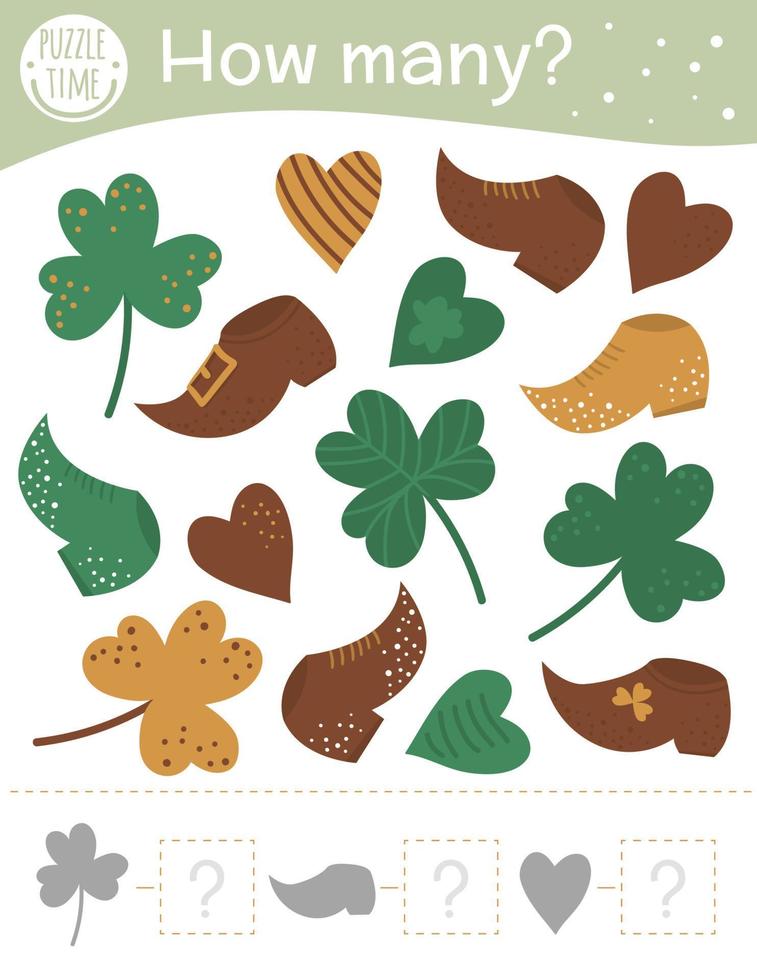 Saint Patrick Day counting game with holiday symbols. Spring math activity for preschool children. How many objects worksheet. Educational riddle with cute funny pictures. vector