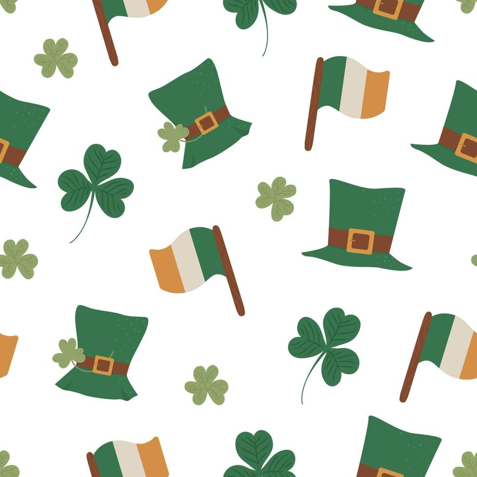 Vector seamless pattern with Saint Patrick Day symbols. National Irish holiday repeating background. Cute funny flat texture with green hat, Irish flag, shamrock.