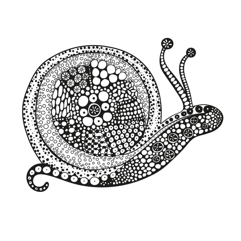 Vector illustration of doodle black and white snail. Coloring page for adults