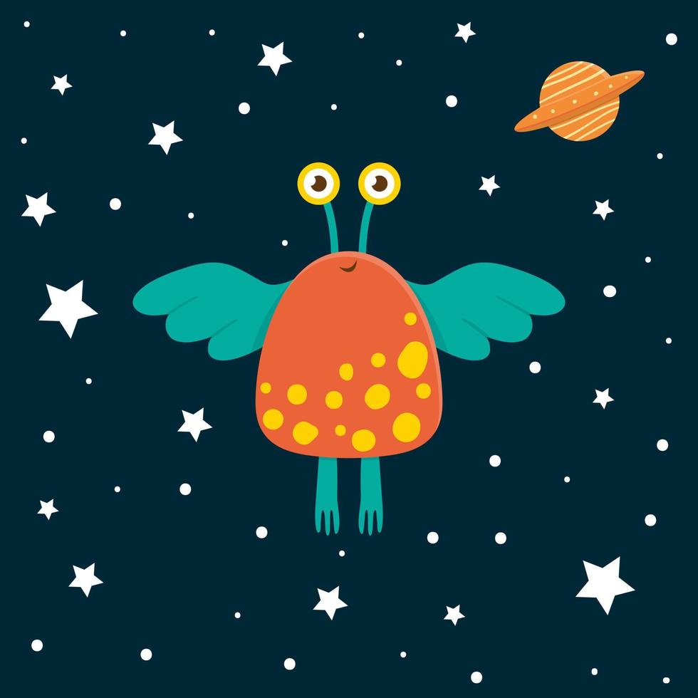 Vector funny alien with ufo in space and stars. Cute cosmic illustration for children on blue background