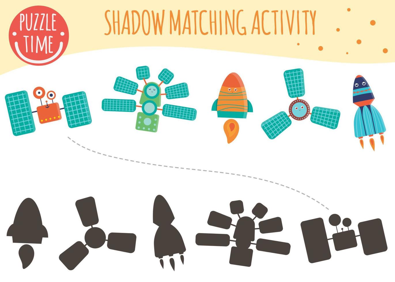 Shadow matching activity for children. Space technics. Cute funny smiling characters vector