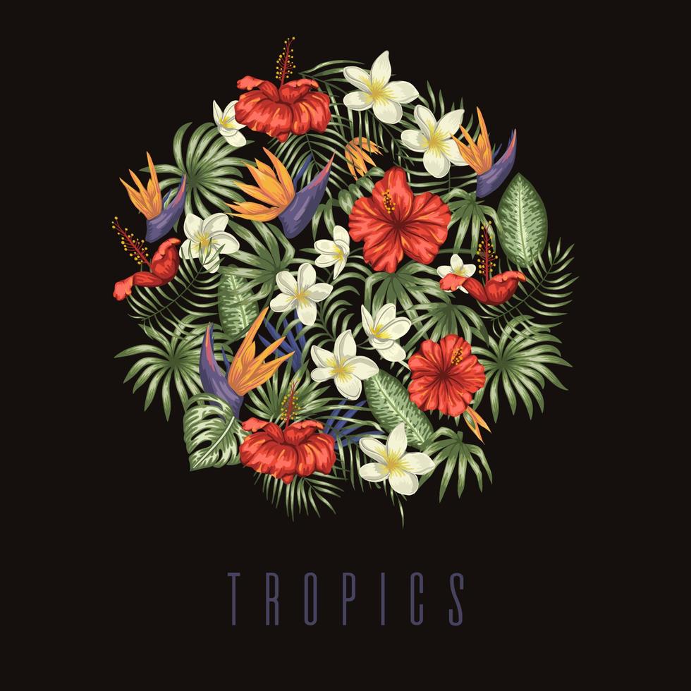 Vector composition of green tropical leaves with plumeria, strelitzia and hibiscus flowers framed in circle on black background. Summer or spring tropical background. Exotic jungle design