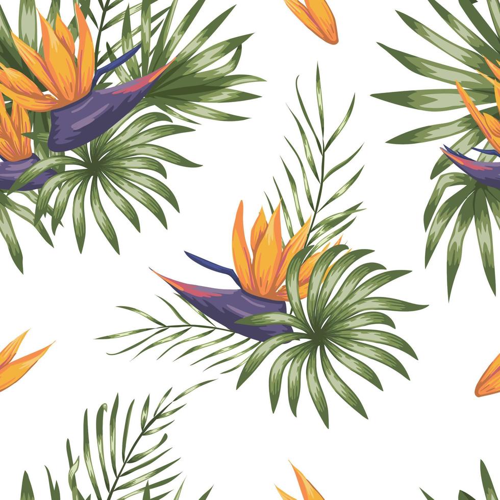 Vector seamless pattern of green tropical leaves with strelitzia flowers isolated on white background. Summer or spring repeat tropical backdrop. Trendy exotic jungle ornament.