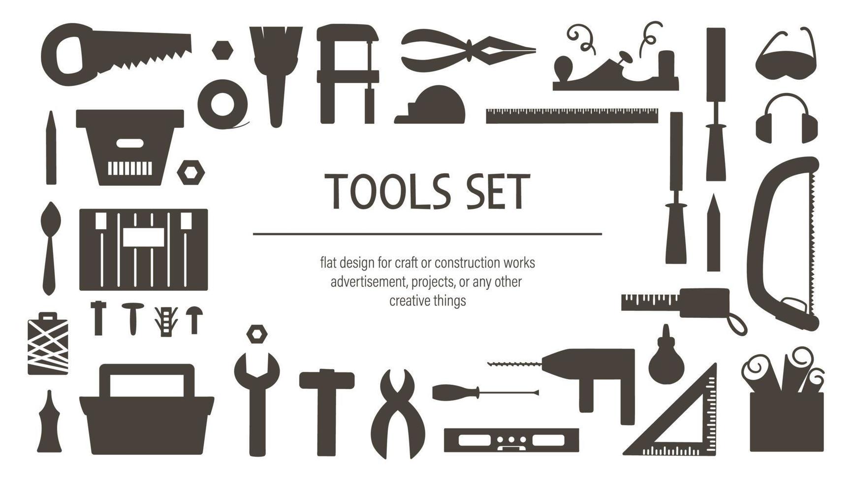 Vector tools silhouettes set. Flat black and white illustration with building, carpenter equipment for card, poster or flyer design. Woodwork, repair service or craft workshop concept