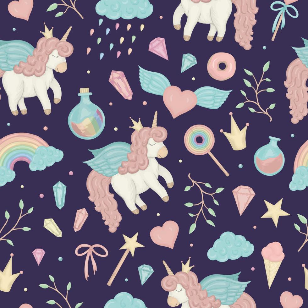 Vector seamless pattern with cute watercolor style unicorns, rainbow, clouds, donuts, crown, crystals, hearts on dark purple background. Sweet girlish illustration. Fairytale repeat background