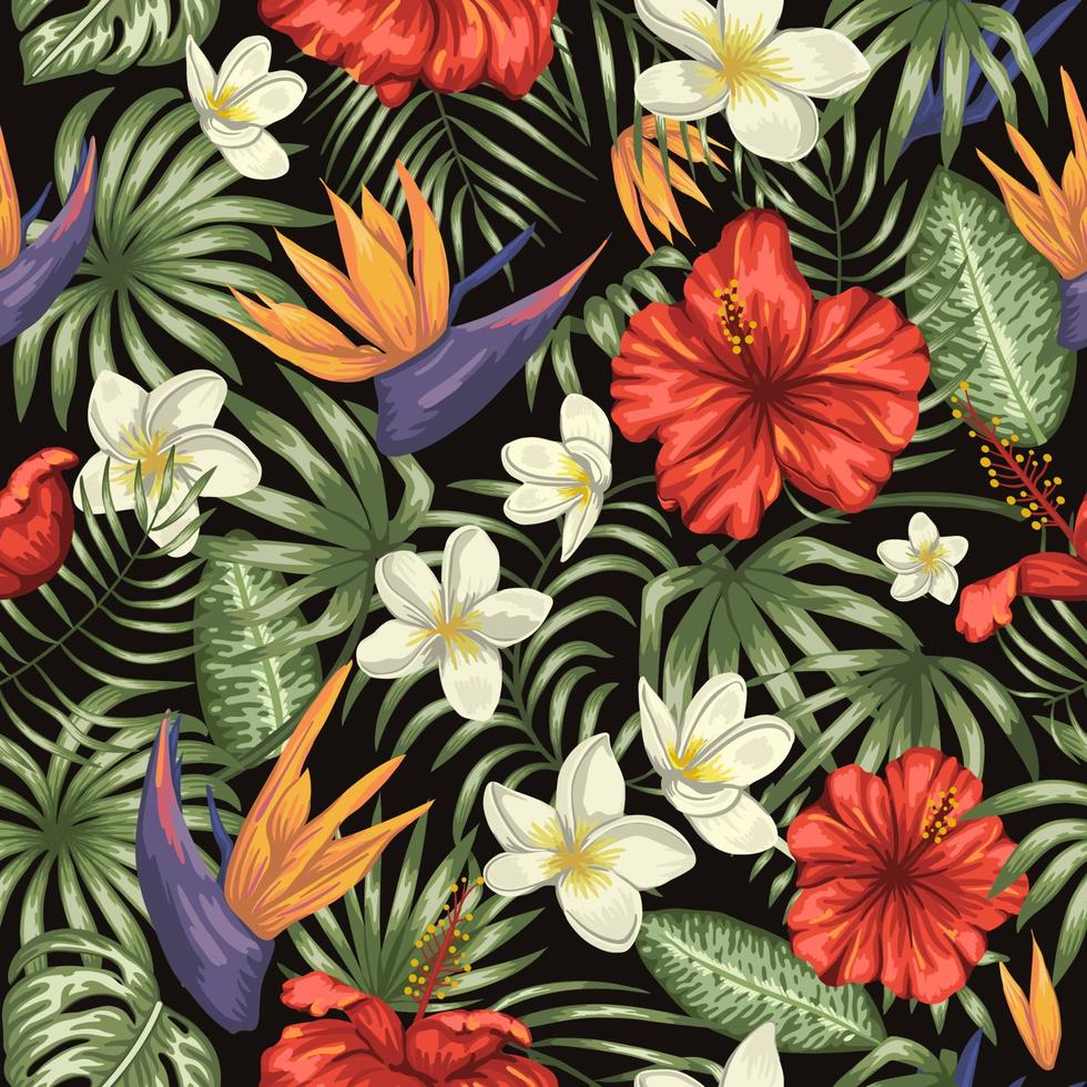 Vector seamless pattern of green tropical leaves with plumeria, strelitzia and hibiscus flowers on black background. Summer or spring repeat tropical backdrop. Exotic jungle ornament