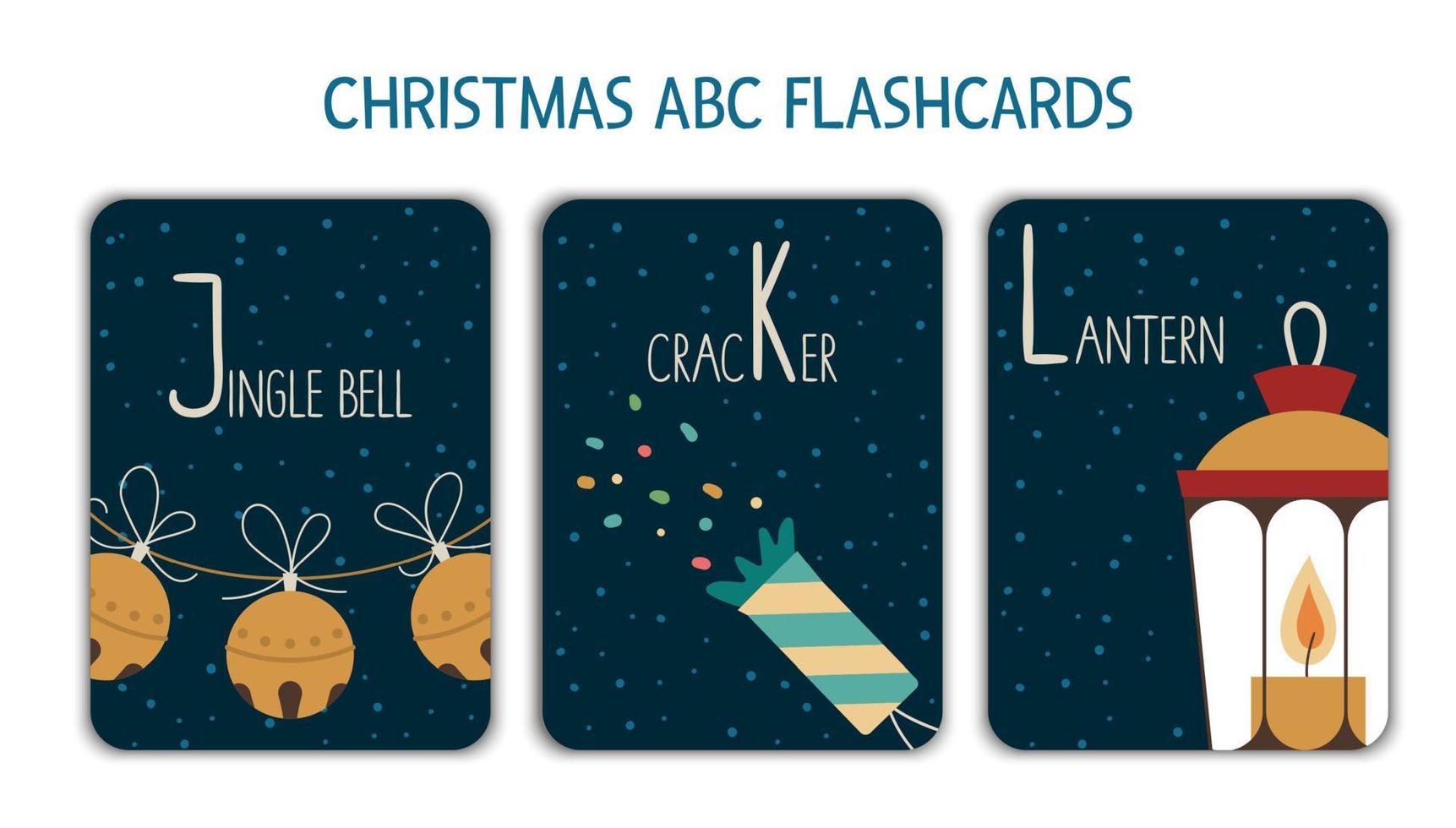 Colorful alphabet letters J, K, L. Phonics flashcard. Cute Christmas themed ABC cards for teaching reading with funny jingle bell, cracker, lantern. New Year festive activity. vector