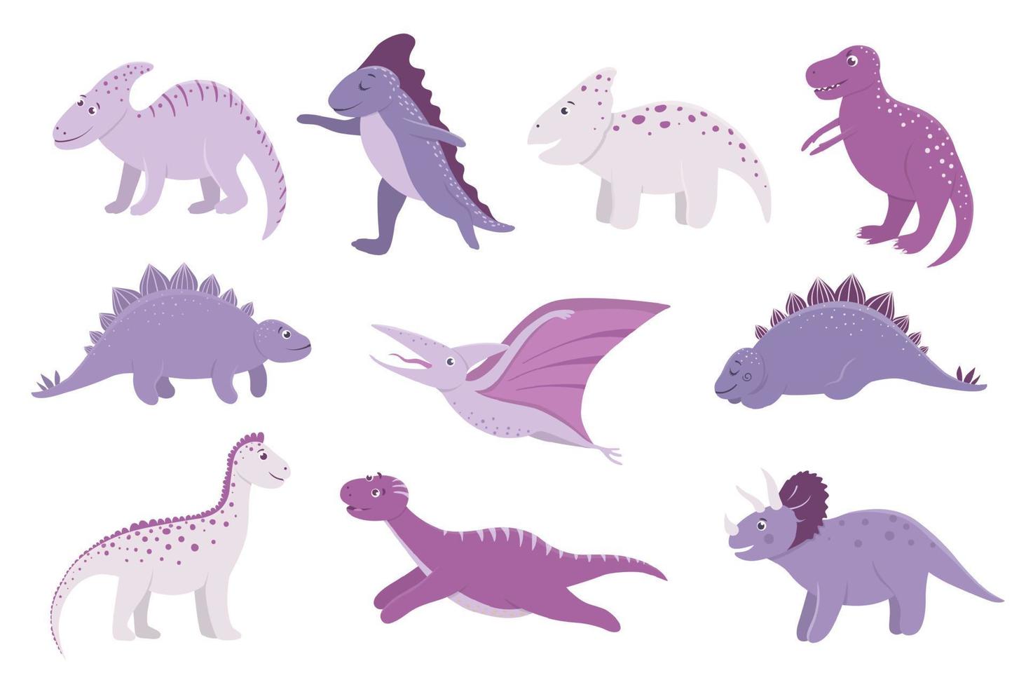 Vector set of cute pink and purple dinosaurs for children. Dino flat cartoon characters. Cute prehistoric reptiles illustration.