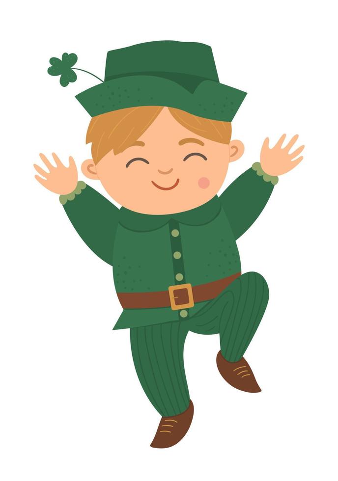 Vector flat funny boy in green traditional clothes and hat with shamrock. Cute St. Patrick Day illustration. National Irish holiday icon isolated on white background.