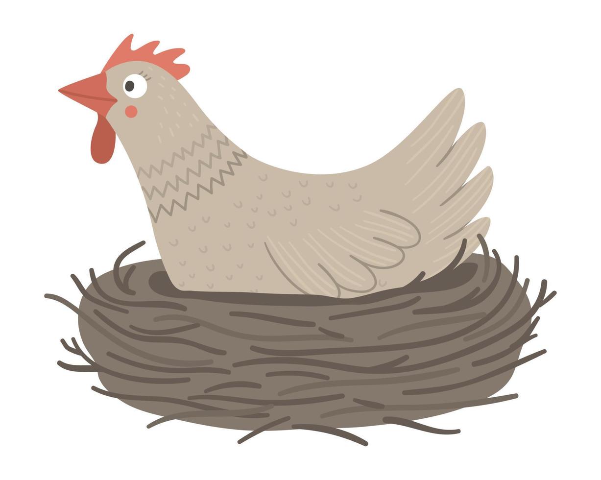 Vector funny hen in nest isolated on white background. Spring, Easter or farm funny illustration. Cute bird icon