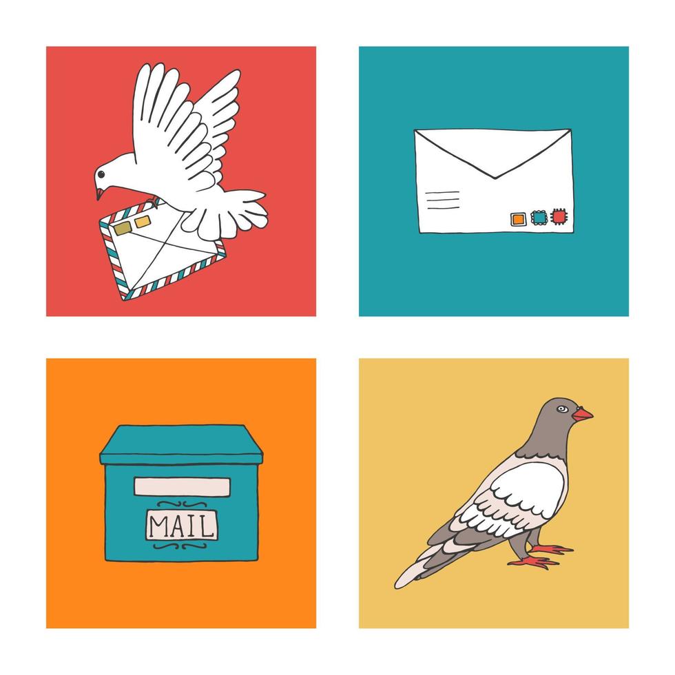 Vector illustration of pigeon carrying a letter with stamps, dove, post box. Hand drawn communication icon set. Pigeon post signs in colorful blocks