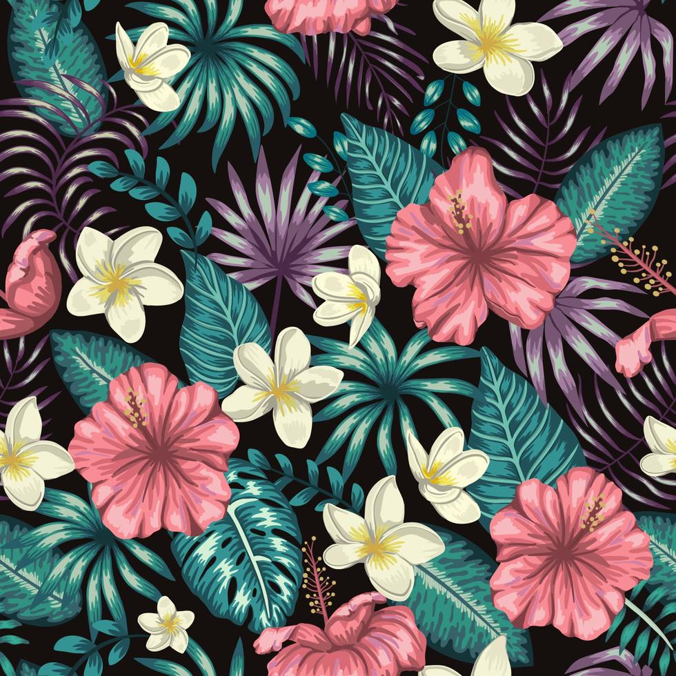 Vector seamless pattern of green tropical leaves with plumeria and hibiscus flowers on black background. Summer or spring repeat tropical backdrop. Exotic jungle ornament.