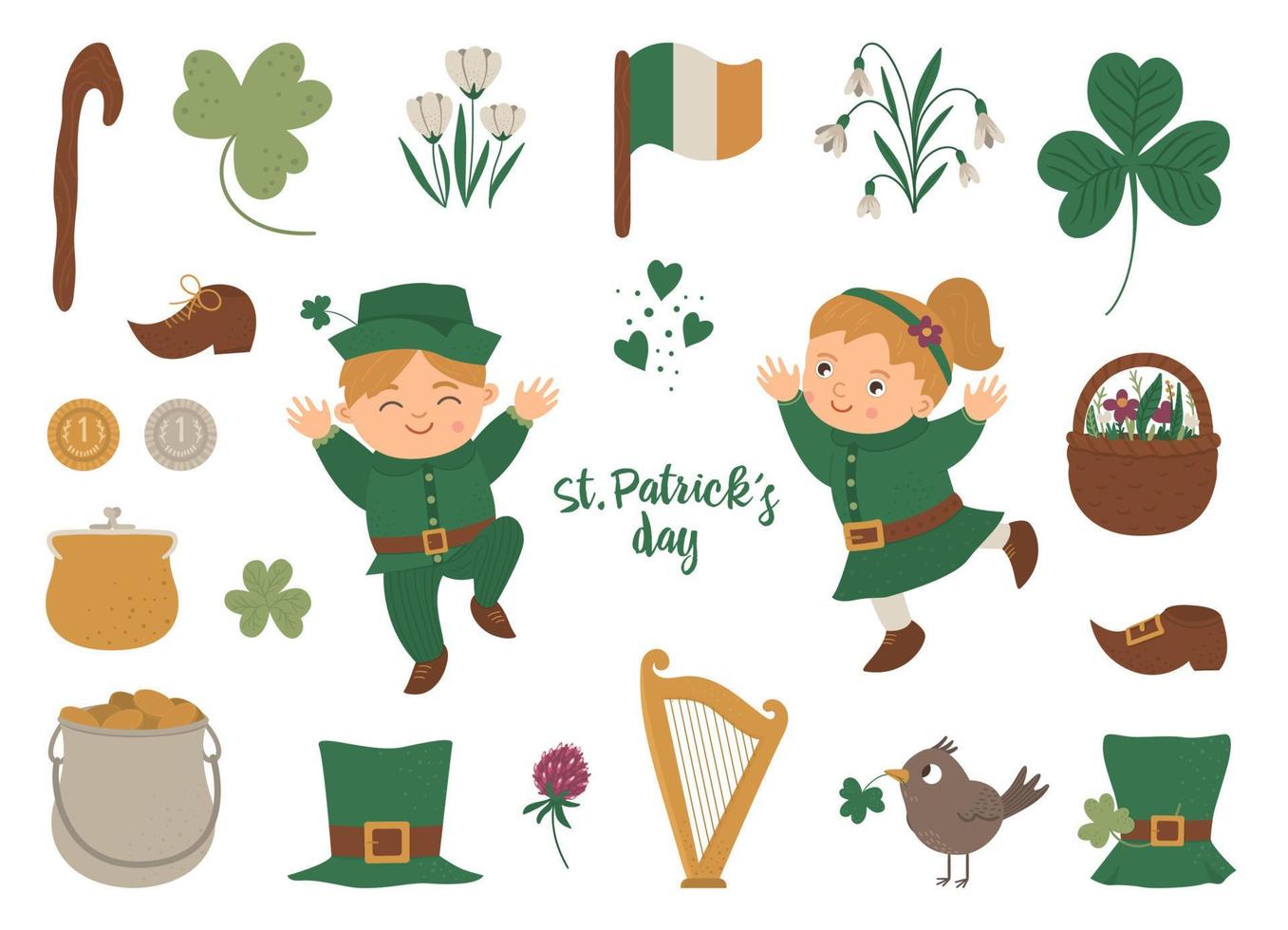 Vector set of St. Patrick Day symbols. National Irish holiday icons isolated on white background. Cute funny flat boy and girl in green clothes with shamrock and traditional objects.