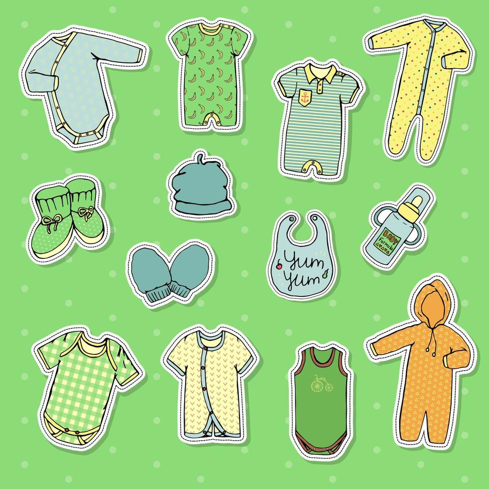 Vector set of baby clothes stickers. Stylish baby outfit set isolated on green polka-dot background