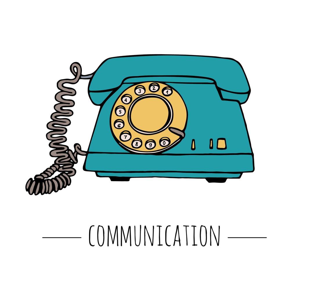 Vector vintage telephone. Retro illustration of wired rotary dial telephone. Old means of communication