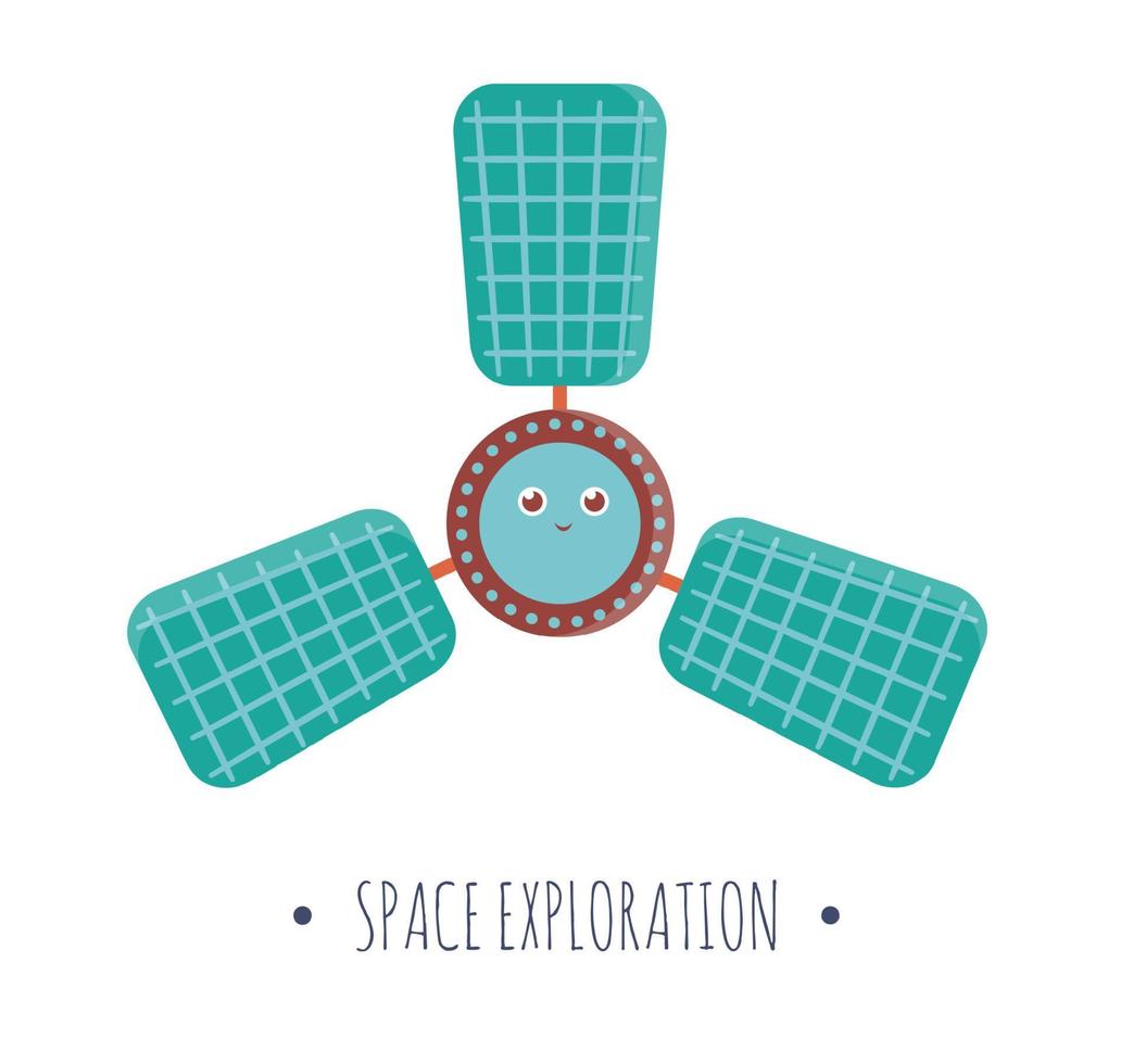 Vector satellite illustration for children. Bright and cute flat picture of smiling technics isolated on white background. Space exploration concept.