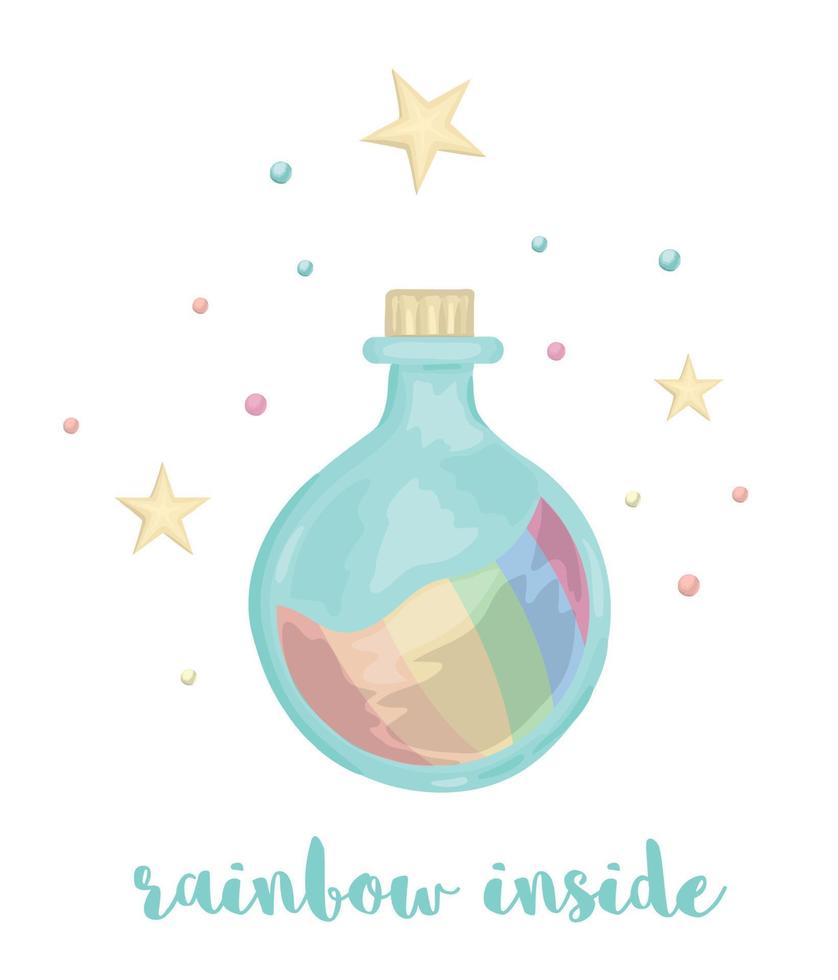 Cute vector illustration of watercolor style bottle with rainbow inside isolated on white background. Unicorn themed picture for print, banner, card or textile design.