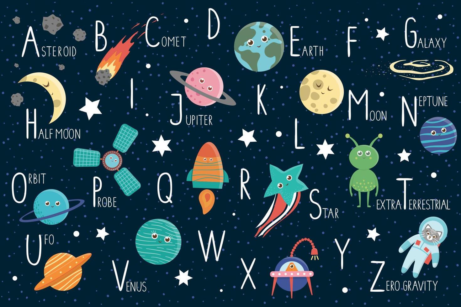 Space alphabet for children. Cute flat ABC with galaxy, stars, astronaut, alien, planet, spaceship, probe, comet, asteroid vector