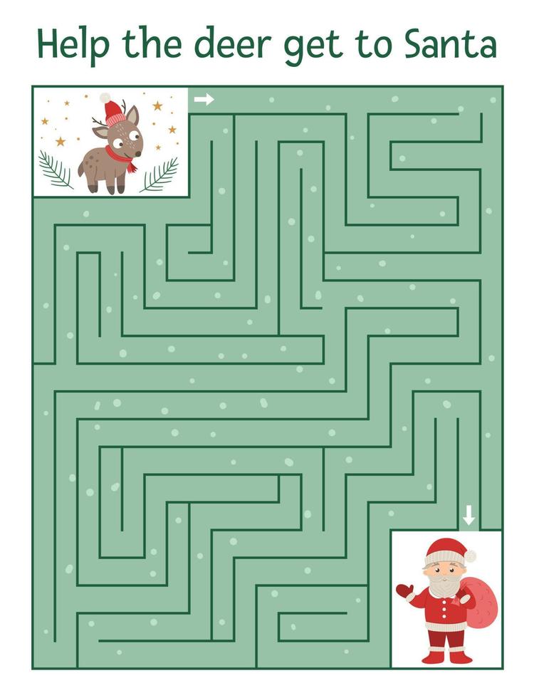 Winter maze for children. Preschool Christmas activity. New Year puzzle game with reindeer and Santa Claus. Help the deer get to Santa. vector