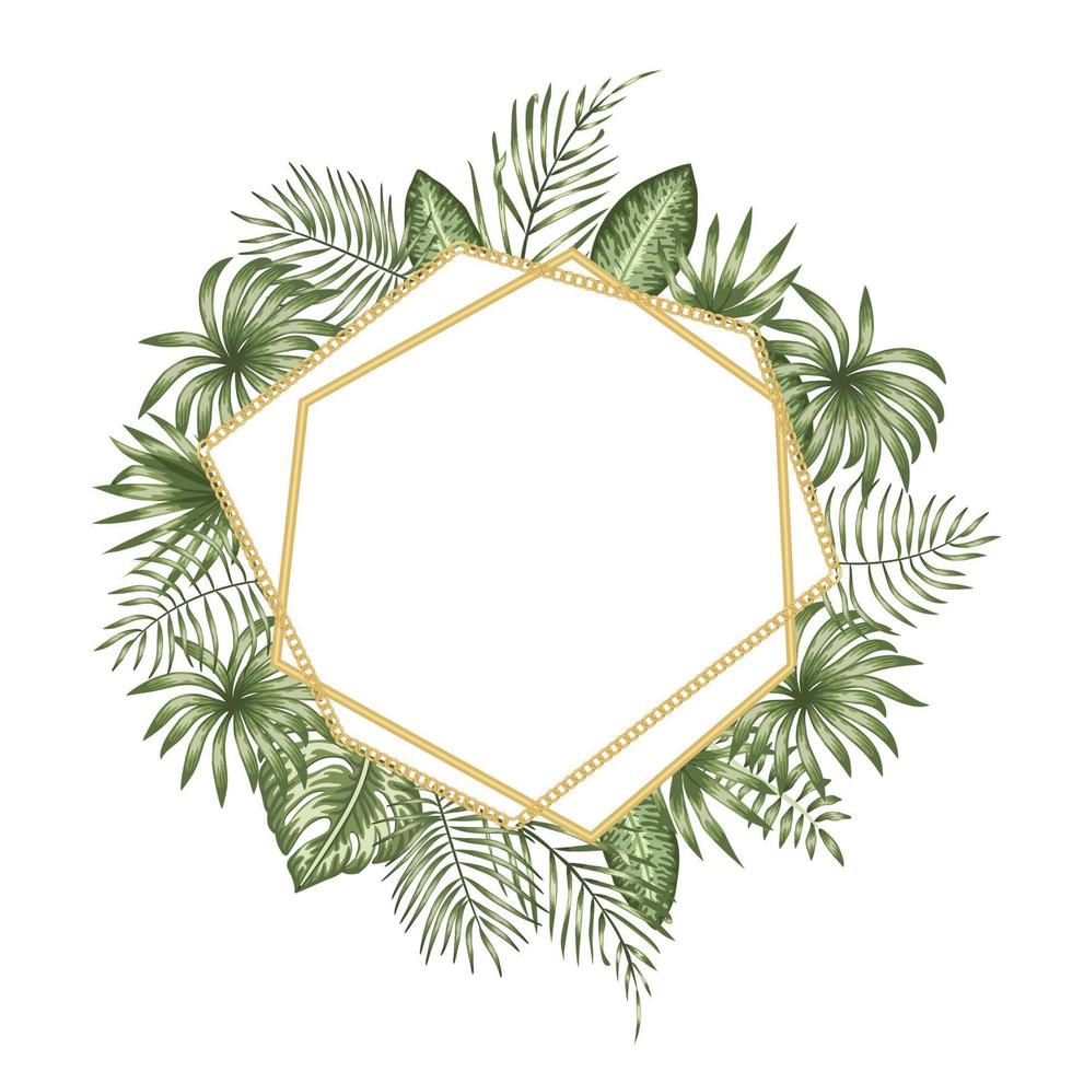 Vector frame template with tropical leaves and golden chain with white place for text. Square layout card with place for text. Spring or summer design for invitation,  wedding,  party,  promo events.