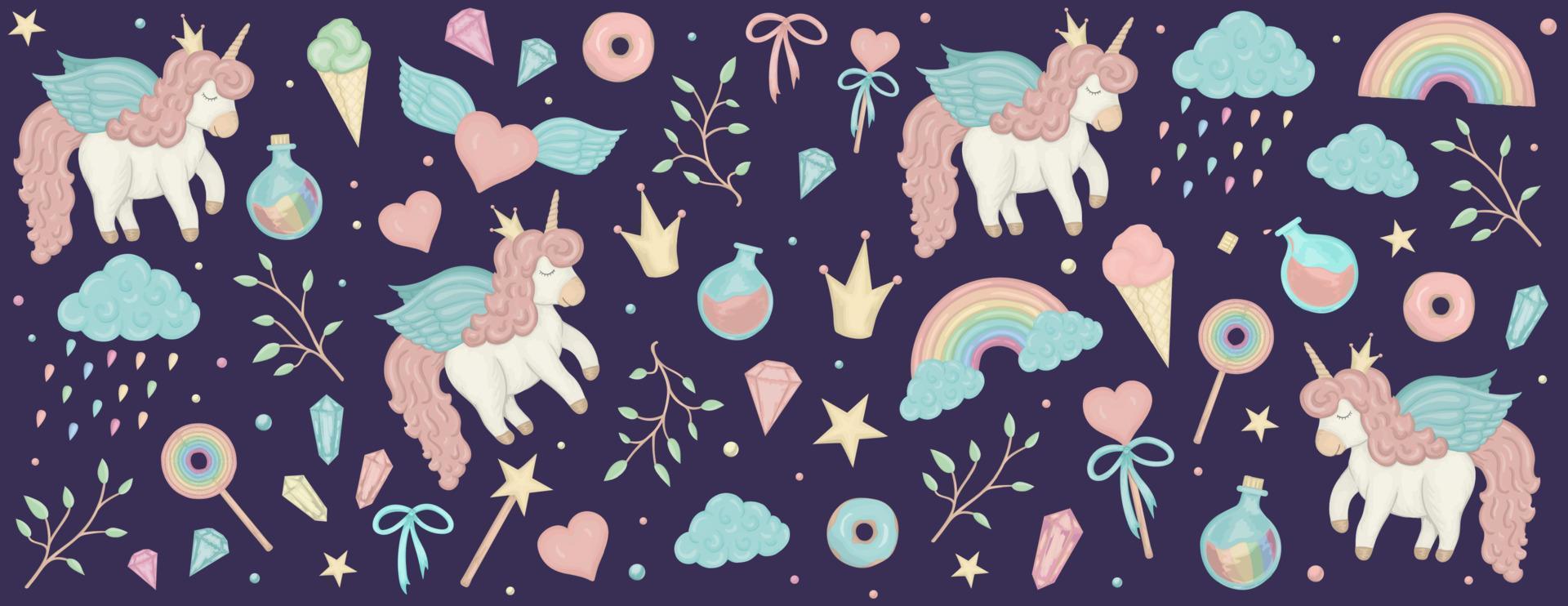 vector con imágenes prediseñadas de unicornio. banner horizontal con lindo arco iris, corona, estrella, nube, ilustración de niña de cristales. elementos de diseño de cuento de hadas de efecto acuarela sobre fondo morado oscuro.