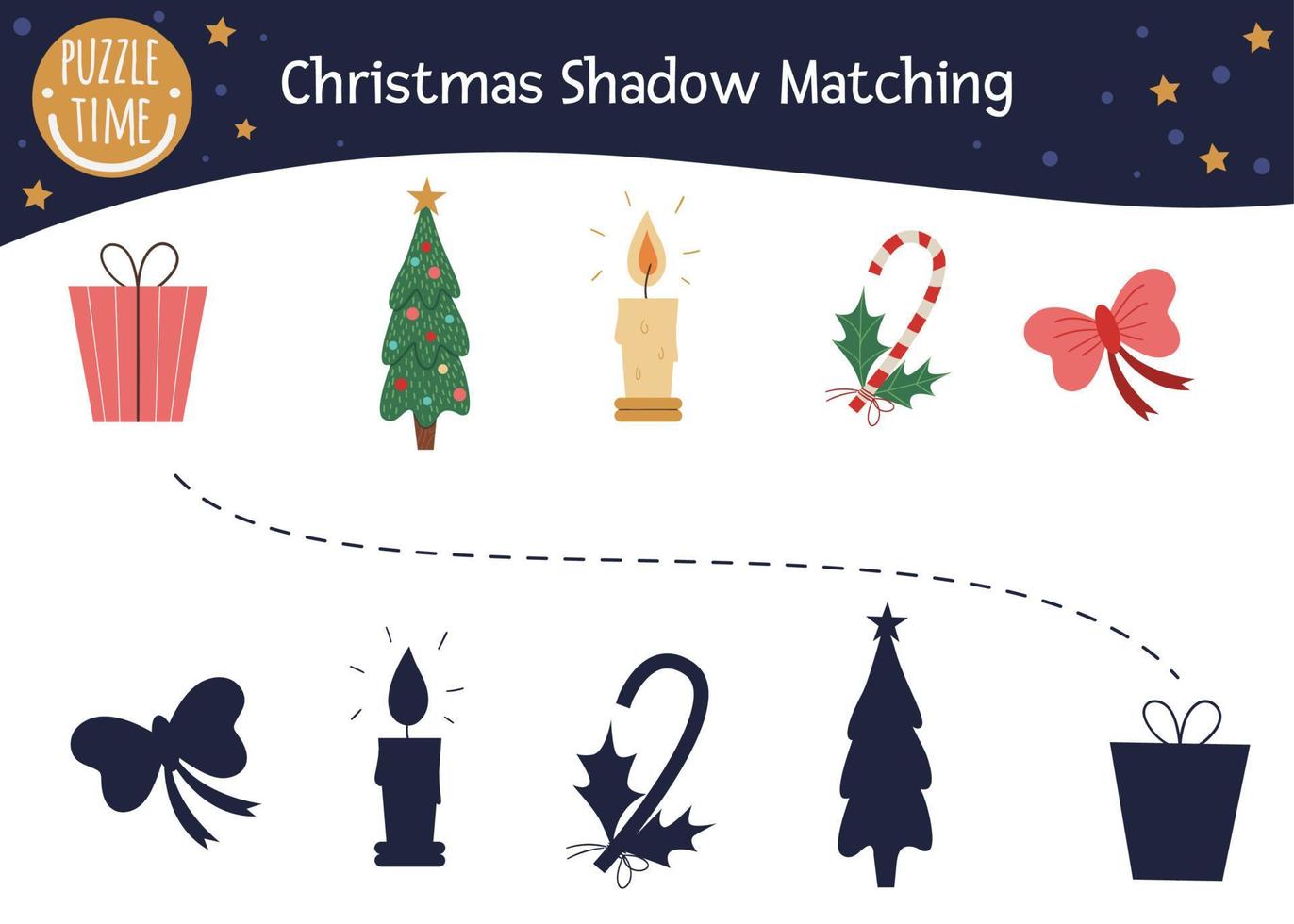 Christmas shadow matching activity for children. Cute funny present, Christmas tree, candle, candy cane, bow. Find the correct silhouette winter game. vector