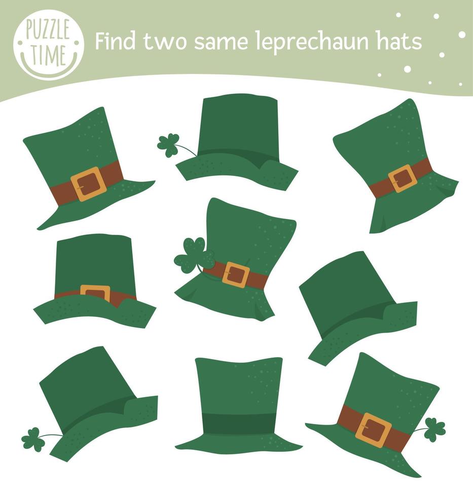 Find two same leprechaun green hats. Saint Patrick Day matching activity for preschool children with elf clothes. Funny spring game for kids. Logical quiz worksheet. vector