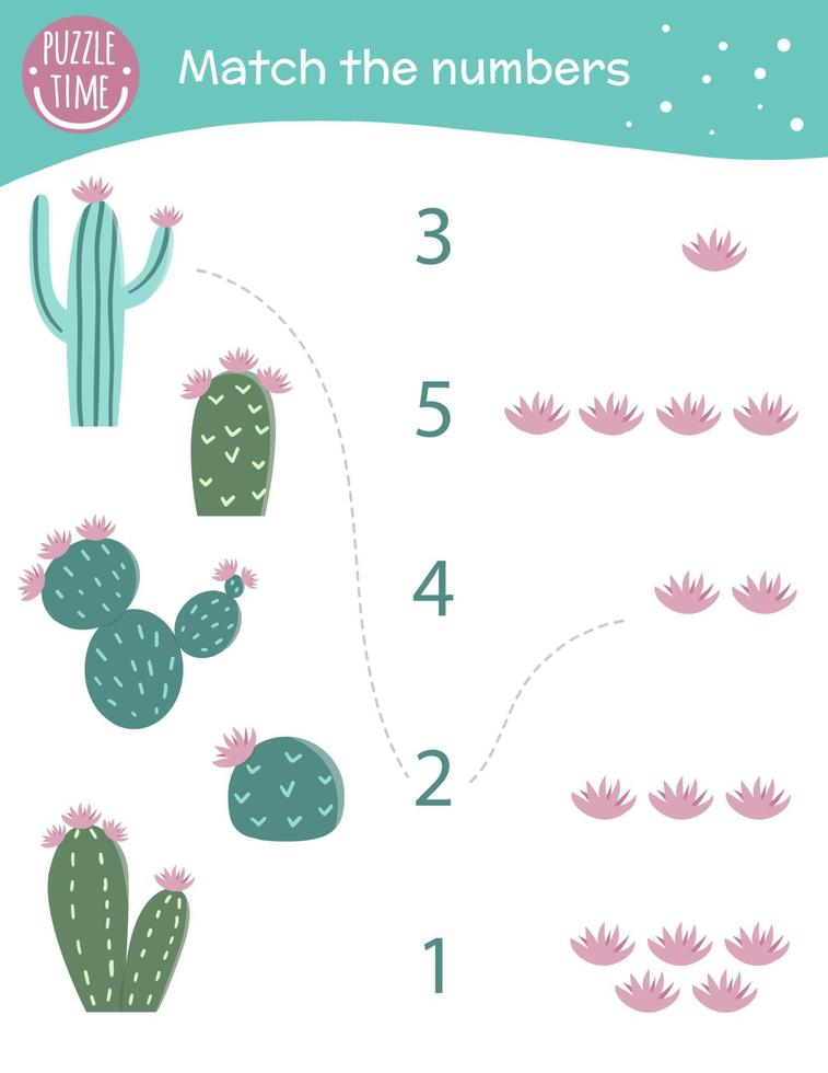 juego de correspondencias con cactus y flores. Actividad matemática exótica, tropical o del desierto para niños en edad preescolar. contando la hoja de trabajo. acertijo educativo con lindos elementos divertidos. vector