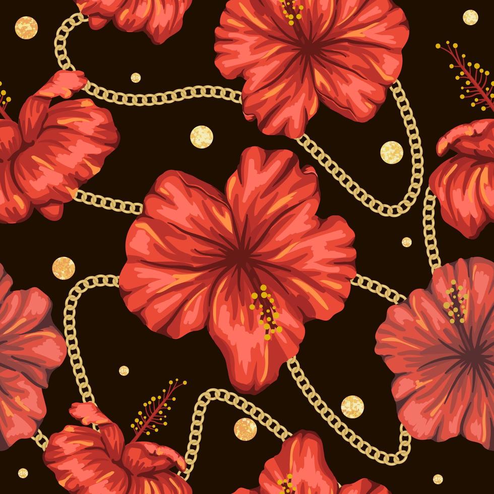 Vector seamless pattern of red hibiscus flowers with golden foil confetti and chain on black background. Repeat tropical backdrop. Exotic jungle wallpaper.