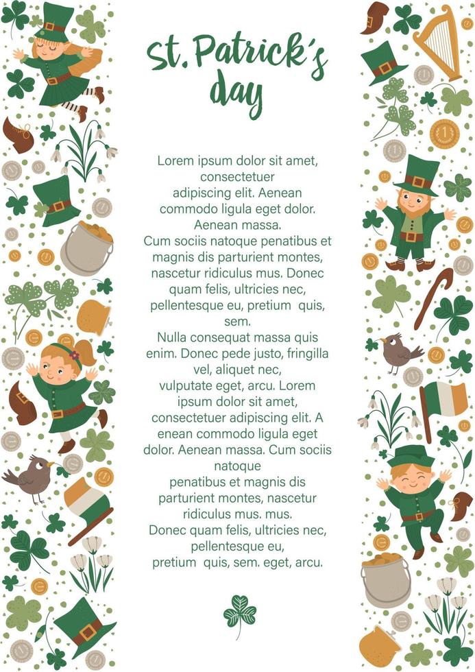 Vector Saint Patrick Day vertical layout frame border with leprechaun, shamrock isolated on white background. Irish holiday themed banner or invitation with place for text. Cute funny spring card