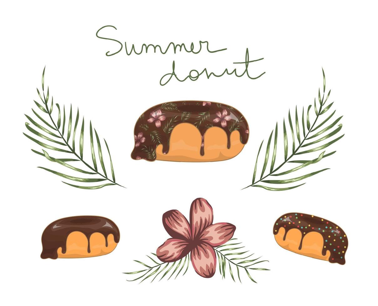 Vector illustration of donut with chocolate icing with green palm tree leaves and red flowers. Original summer menu design. Tropical dessert concept. Exotic doughnut