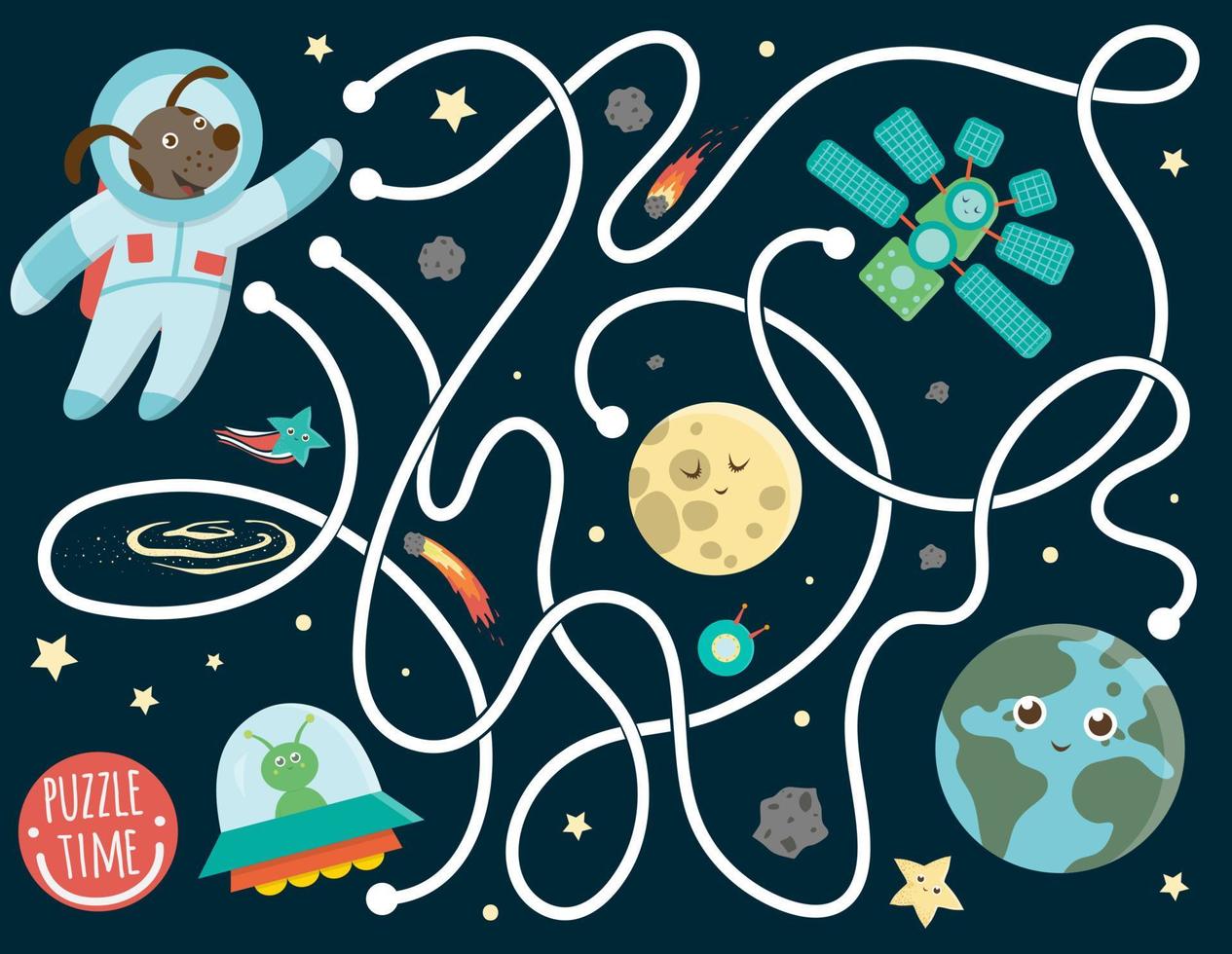 Maze for children. Preschool space activity. Puzzle game with the Earth, astronaut, moon, alien, star, space ship. Cute funny smiling characters. vector
