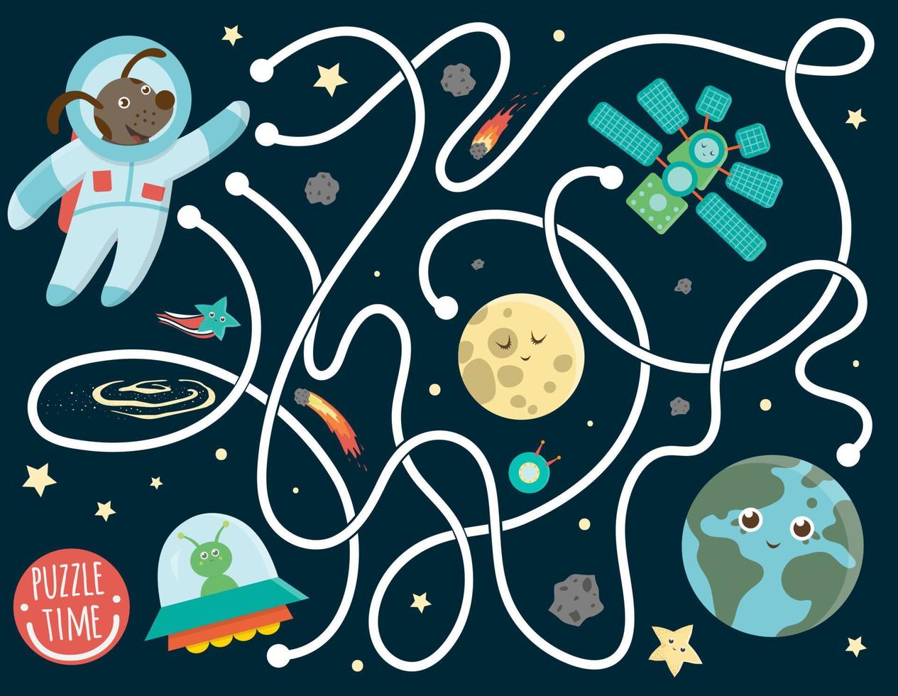 laberinto para niños. actividad espacial preescolar. juego de rompecabezas con la tierra, astronauta, luna, extraterrestre, estrella, nave espacial. lindos personajes sonrientes divertidos. vector