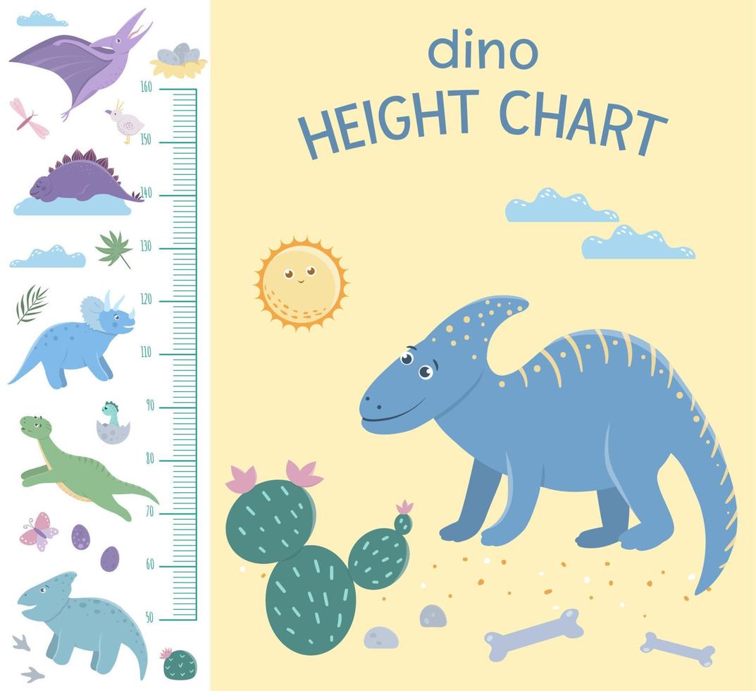 Vector dinosaur height chart. Picture with prehistoric dino elements for children. Measurement Scale with cute reptiles.